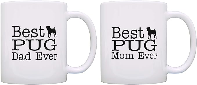 Dog Lover Gift Best Pug Mom Dad Ever Puppy Supplies Bundle 2 Pack 11oz Ceramic Coffee Mug Set