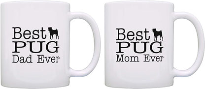 Dog Lover Gift Best Pug Mom Dad Ever Puppy Supplies Bundle 2 Pack 11oz Ceramic Coffee Mug Set