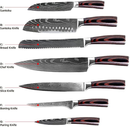 7PCS Kitchen Knife Set, Professional Japanese Chef Knives with High Carbon Stainless Steel Ultra, Sharp Aikido Knife Set for Cooking Meat, Fruits, Vegetables