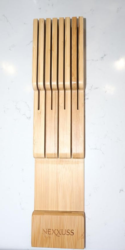Nexxuss Bamboo Kitchen Drawer Organizer, Expandable Utensil Organizer with Removable Knife Block, Cutlery Tray Holder with Divider, Adjustable Silverware Organizer, Wood Tableware Dividers Storage