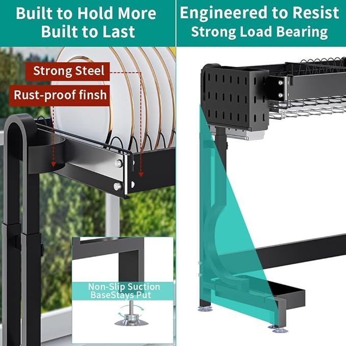 Over the Sink Dish Drying Drainer Rack - Height & Width Adjustable Large Capacity Stainless Steel Kitchen Storage Organization Plate Strainers Above Kitchen Counter (W21.2-37" ~ H18.5-22" Black)