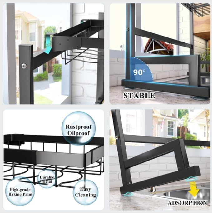 Large Over The Sink Dish Drying Rack (33.4"-41.3") 2 Tier Length Adjustable Dish Drainer for Kitchen Sink Auto Drainage Space Saving Kitchen Organizer, Black (33.4“-41.3”)