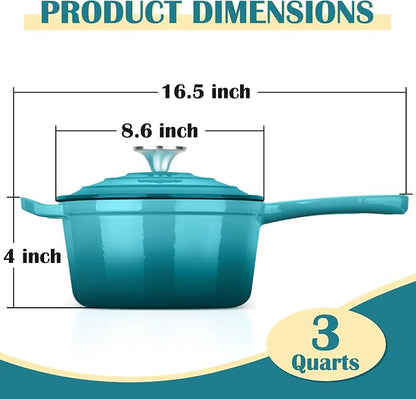 E-far Enameled Cast Iron Sauce Pan, 3 Quart Dutch Oven Saucepan with Lid, Small Sauce Pot for Cooking, Boiling, Healthy & Non Toxic, Induction & Oven Safe, Green