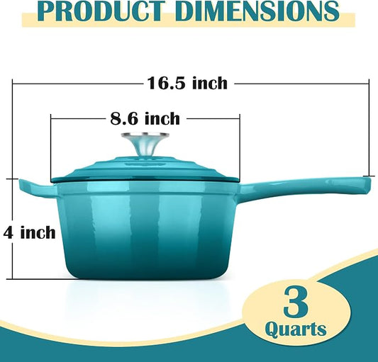 E-far Enameled Cast Iron Sauce Pan, 3 Quart Dutch Oven Saucepan with Lid, Small Sauce Pot for Cooking, Boiling, Healthy & Non Toxic, Induction & Oven Safe, Green