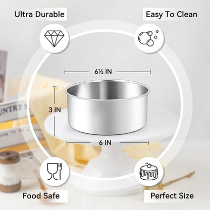 Leonyo 6 Inch Round Cake Pans Set of 3, Stainless Steel Round Layer Cake Baking Pans, Metal Baking Tins for Wedding Birthday, Even Heating, Non Toxic & Healthy, Heavy-Duty, Dishwasher