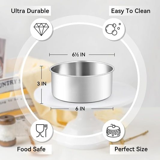 Leonyo 6 Inch Round Cake Pans Set of 3, Stainless Steel Round Layer Cake Baking Pans, Metal Baking Tins for Wedding Birthday, Even Heating, Non Toxic & Healthy, Heavy-Duty, Dishwasher