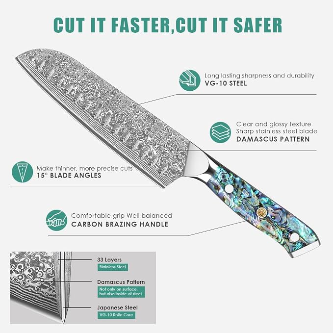 KEENZO Damascus Santoku Knife 7 inch, Razor Sharp Professional Chef Knife, Japanese Hand Forged 67 Layers Hammered Damascus Blade, Ergonomic Abalone Shell Handle Cooking Knife with gift box