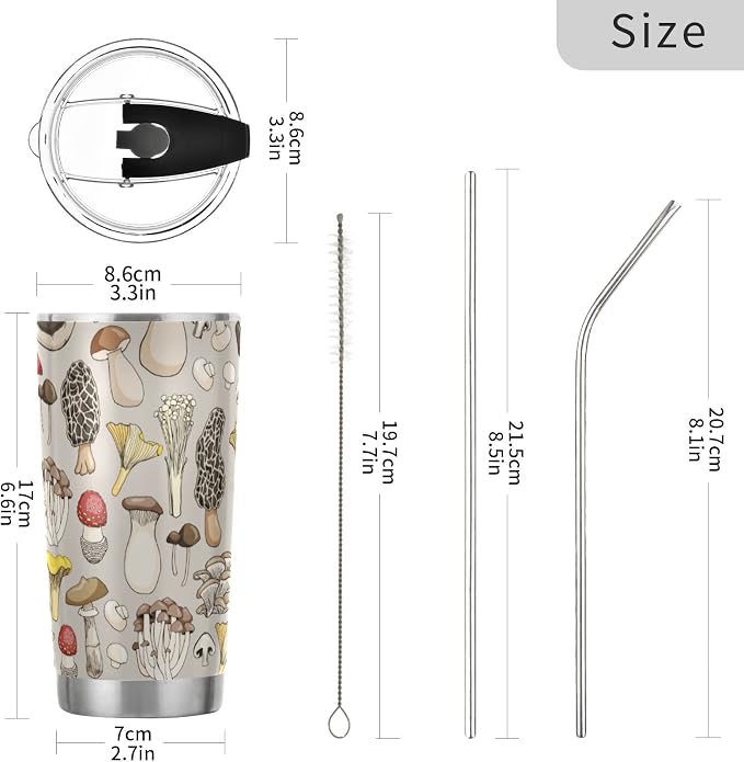 Tumbler Mushroom Toadstool Insulated Coffee Cup Beverage Container Travel Mug with Straw and Lid Double Wall Stainless Steel 20oz Holiday Gift