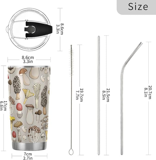 Tumbler Mushroom Toadstool Insulated Coffee Cup Beverage Container Travel Mug with Straw and Lid Double Wall Stainless Steel 20oz Holiday Gift