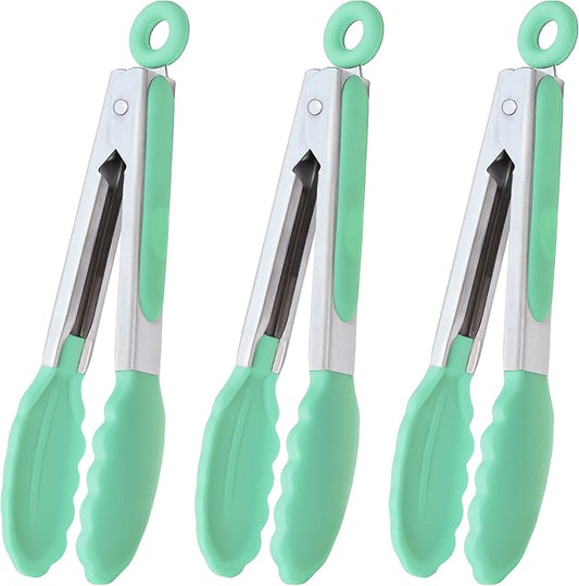 HINMAY Mini Tongs with Silicone Tips 7 Inches Silicone Cooking Tongs, Set of 3 (Mint)