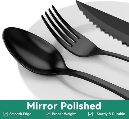 JUNLIN 49 Pieces Black Silverware Set with Steak Knives, Stainless Steel Silverware with Organizer Flatware Utensils Set for 8, Forks and Spoons Silverware Set Cutlery Set