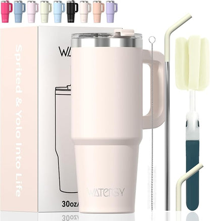 30 oz Tumbler with Handle,Tumbler with Lid and Straw,Double Wall Insulated Cup Stainless Steel Travel Mug(Cold for 34 Hours),Water Bottle for Iced Tea,Coffee,Cold Beverages(Ivory Beige)