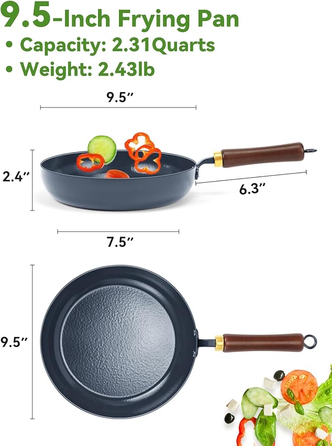 9.5" Enameled Carbon Steel Skillet, Nonstick Frying Pan with Stay-Cool Wooden Handle, Season-Free Stir-Fry Pan, Non-Toxic PTFE & PFOA Free Cookware, Oven-Safe & All Stovetops Compatible