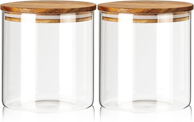 Labina Glass Storage Container Airtight Food Jars Kitchen Canister with Wood Lids, 71 Oz Wide Mouth Pantry Organization Glass Jar for Flour, Sugar, Cookie, Spagetti, Nuts and Candy (2 Pack)