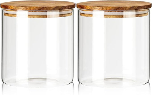 Labina Glass Storage Container Airtight Food Jars Kitchen Canister with Wood Lids, 71 Oz Wide Mouth Pantry Organization Glass Jar for Flour, Sugar, Cookie, Spagetti, Nuts and Candy (2 Pack)