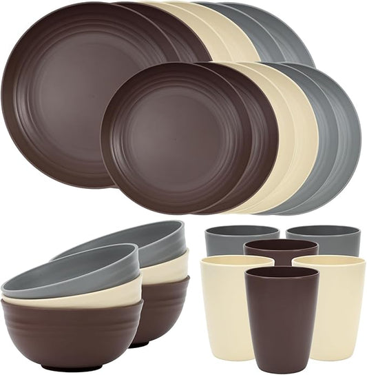 Quatish 24 Piece Plates and Bowls Sets for 6, Unbreakable Dinnerware Sets, Dish Set for Camping, Dishwasher Microwave Safe, Outdoor Kitchen and Apartment Dinning RV Essentials, Brown