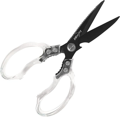 AWinjoy Kitchen Scissors, Heavy Duty Sharp Kitchen Shears, Stainless Steel & Aluminum, Transparent, Serrated Edge, Day Style, 1 Count