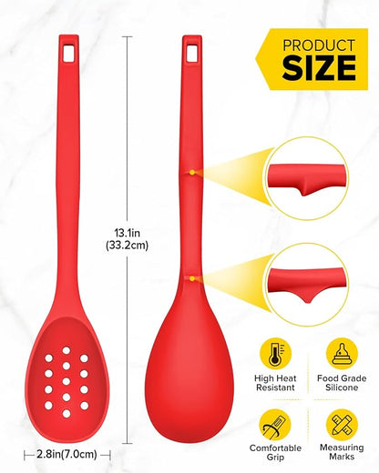 Pack of 2 Silicone Cooking Spoons, Non Stick Solid Kitchen Spoon with Measuring Marks & Back Hooks, Heat Resistant Silicone Slotted Spoon for Cooking, Mixing, Stirring,Serving (RED)