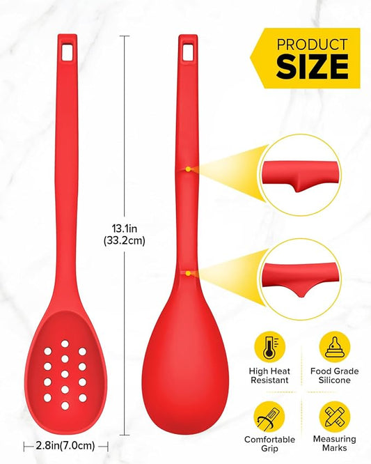 Pack of 2 Silicone Cooking Spoons, Non Stick Solid Kitchen Spoon with Measuring Marks & Back Hooks, Heat Resistant Silicone Slotted Spoon for Cooking, Mixing, Stirring,Serving (RED)