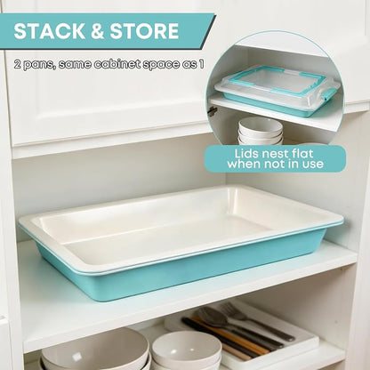 Sheet Cake Pan with Lid Set of 2, 15"×10"×2" Deep Jelly Roll Pan, Non-Stick Ceramic Coating Baking Pan, Oven Safe 450°F, PFOA Free, Teal — Bake, Snap & Carry for Parties & Potlucks
