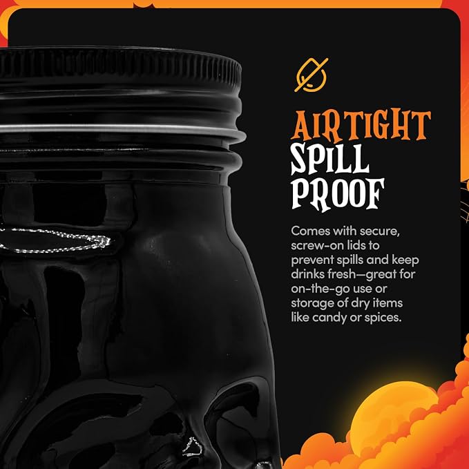 DURA LIVING Set of 2 Skull Mason Jar Glasses with Lids | 16oz Reusable Halloween Drinking Glasses | Unique Skull Décor, Storage, & Canning Jars for Parties & Gifts