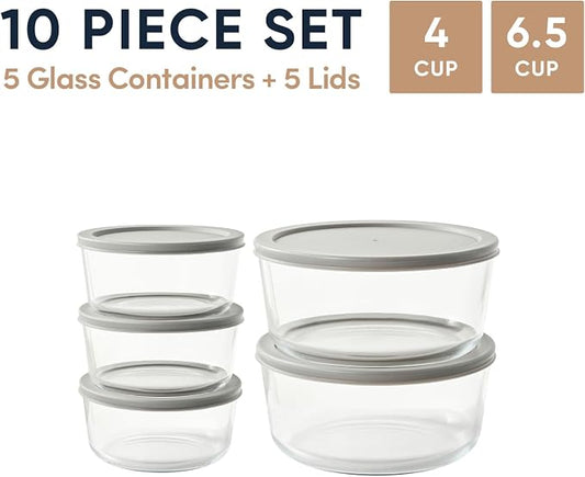 10-Piece Glass Food Storage Containers Set (5 Containers + 5 BPA-Free Lids) | 4-Cup & 6.5-Cup, Leakproof | Microwave, Freezer, Oven & Dishwasher Safe | Ideal for Meal Prep & Pantry Organization, Grey