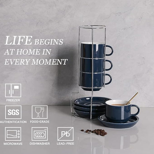 Sweejar Porcelain Cappuccino Cups with Saucers and Metal Stand, 8 Ounce Stackable Espresso Cups for Specialty Coffee Drinks, Latte, Americano, Tea - Set of 4 (Navy)