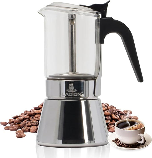 LAOION Stovetop Espresso Maker, 3Cup 160ml Moka Pot, Crystal Glass-top & Stainless Steel Coffee Maker Mocha Pot, Greca De Cafe, Cuban and Italian Coffee Maker for Cafetera Cubana