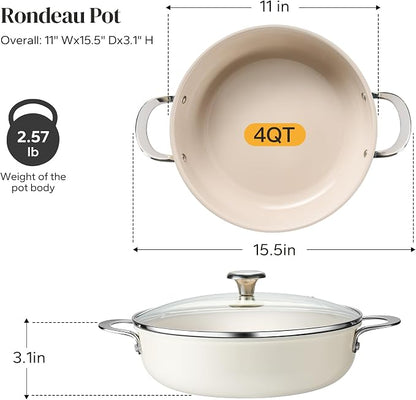 Redchef Ceramic Stock Pot, 4 QT Soup Pot with lid, Induction Stockpot Cooking Pot for All Stoves, Braiser Nonstick Rondeau Pot, Even Heating, Stay Cool Handle, Oven/Dishwasher Safe, PFAS Free (Beige)