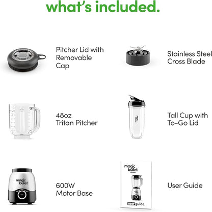 magic bullet Combo Blender, 600W, 48oz Pitcher, 16oz Cup with To-Go Lid, Easy Cleaning, Cross Blade, for Smoothies, Sauces, Shakes, Salsa, Hot Blends, Silver, MBF50200