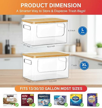 2 Pack Stackable Trash Bag Dispenser with Wooden Top for Extra Large & Medium Size Rolls, Garbage Bag Holder for 13-33 Gallon Bags, Trash Bag Dispenser Under Sink with Anti-Slip Base for Rolls Storage