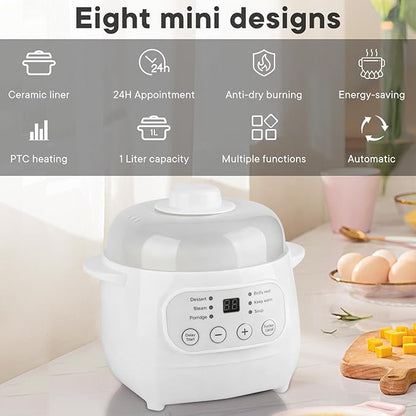 White 1L Mini Slow Cooker with Steamer Basket, 24-Hour Timer and Automatic Keep-Warm Function, 200W Smart Ceramic Electric Slow Cooker, Kitchen Cooking Appliance