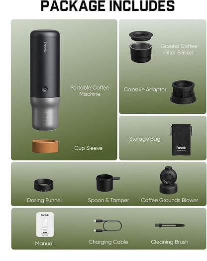 Fanttik Cafein 11 Portable Coffee Machine, Self-Heating Electric Espresso Machine with USB-C, 20 Bar Coffee Maker for Travel, Hiking, Gym and Office, Ideal for Dad
