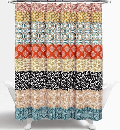 Lush Decor Bohemian Stripe Shower Curtain 72" W x 72" L Turquoise & Orange - Bathroom Curtain - Striped Shower Curtain - Boho Decor - Fabric Shower Curtains