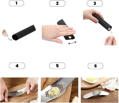 Garlic Press 430 Stainless Steel Garlic Rocker Mincer Bonus Food Grade with Silicone Peeler Garlic (Black)