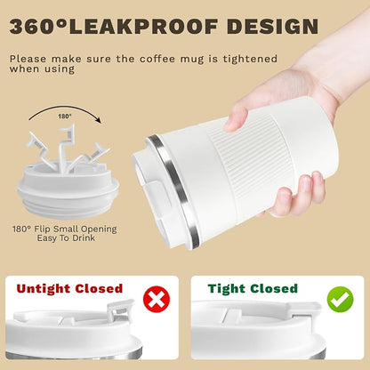 SPLMIFA Vacuum-Insulated Stainless Steel Travel Coffee Mug, Leak-Proof Reusable Coffee Cup with Lid - Keep Hot & Cold Drinks for Hours, Durable Insulated Tumbler for Men & Women(3rd-White, 12OZ)