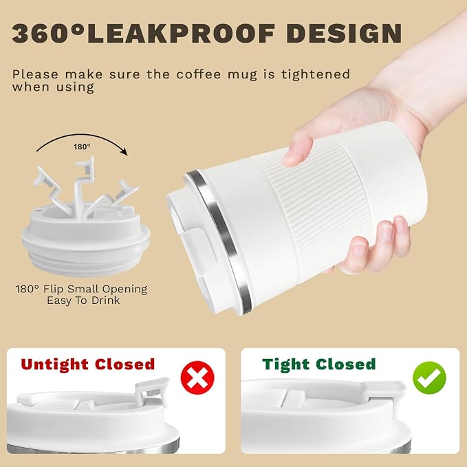 SPLMIFA Vacuum-Insulated Stainless Steel Travel Coffee Mug, Leak-Proof Reusable Coffee Cup with Lid - Keep Hot & Cold Drinks for Hours, Durable Insulated Tumbler for Men & Women(3rd-White, 17OZ)