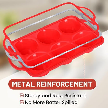 CAKETIME Jumbo Muffin Pan, 3.5 Inch Large Muffin Pan with Metal Reinforced Frame 6 Cup Silicone Jumbo Cupcake Pans for Baking Easy to Handle 2 Pack Red