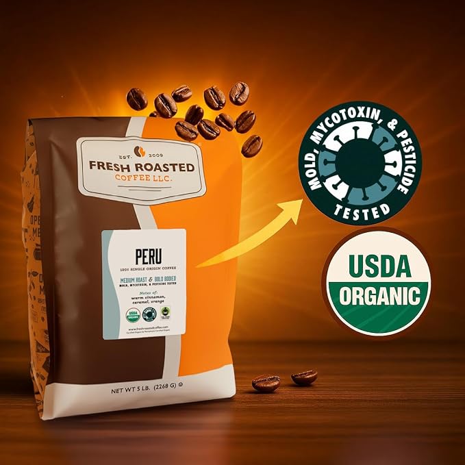 Fresh Roasted Coffee, Organic Peru Whole Bean Coffee, Medium Roast, USDA Organic, 3rd Party Tested for Mold, Mycotoxin & Pesticides, Kosher, 5 lb (80 oz)