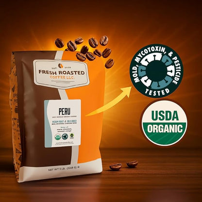 Fresh Roasted Coffee, Organic Peru Whole Bean Coffee, Medium Roast, USDA Organic, 3rd Party Tested for Mold, Mycotoxin & Pesticides, Kosher, 5 lb (80 oz)