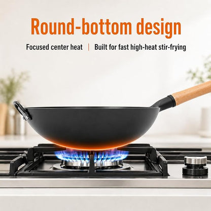 WANGYUANJI 14.2 Inch Round Bottom Carbon Steel Wok, Nitrided Iron Chinese Stir Fry Pan for Gas Wok Burner, Wok Ring Needed for Flat Gas Grates, Wooden Handle