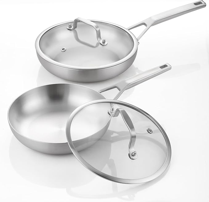 Yeksum Tri-Ply Stainless Steel Pan Set, 10" & 12" Frying Pans with Lids, 2 Piece Set, Fully Bonded, Oven & Dishwasher Safe, Compatible with All Cooktops Up to 550F