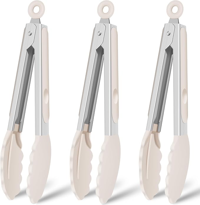 Hotec Silicone Kitchen Tongs for Cooking, 9-Inch, Set of 3, Khaki | Serving Tongs with Silicone Tips, Heat Resistance 600°F, Non-Slip Grip, Durable Spring Locking Mechanism