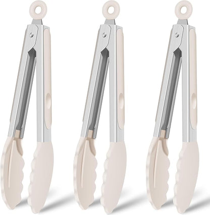 Hotec Silicone Kitchen Tongs for Cooking, 9-Inch, Set of 3, Khaki | Serving Tongs with Silicone Tips, Heat Resistance 600°F, Non-Slip Grip, Durable Spring Locking Mechanism