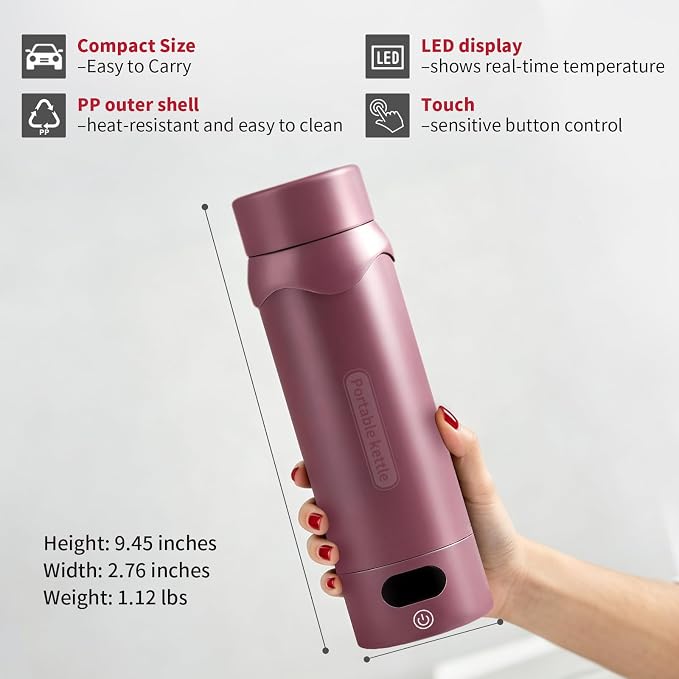 Insulated Stainless Steel Electric Kettle Small, Smart Water Bottle with 4 temperature control, Leak-Proof, Mini Travel Essentials Portable Office Gifts for Tea Lovers, Black Cherry