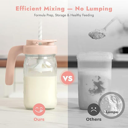 Papablic Glass Formula Pitcher, Fast Baby Breastmilk Maker with Mixing Handle Lid, Wide Mouth Mason Jar Breast Milk Storage Container with Flip-Lock Spout, BPA-Free, Pink