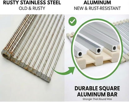 Large Aluminum Roll Up Dish Drying Rack (20.5" x 13") - Fits Sinks up to 19.5 Inches, Heavy Duty Square Bar, Rust-Proof & Heat Resistant with Removable Dish Holder (Beige Large)