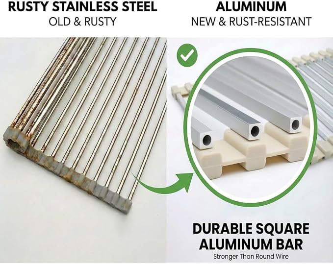 Small Aluminum Roll Up Dish Drying Rack (9" x 13") - Fits Sink Openings up to 8.5", for Narrow Sink Only, Square Bar, Rust-Proof, with Dish Holder (Beige)