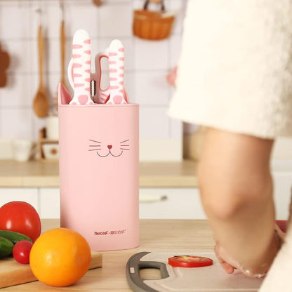 hecef Cute Kitchen Knife Set, Dishwasher Safe, 5-piece Non-Stcik Knives Set with Detachable Block and Scissors,Sharp for Chopping, Slicing, Dicing and Cutting (Pink)