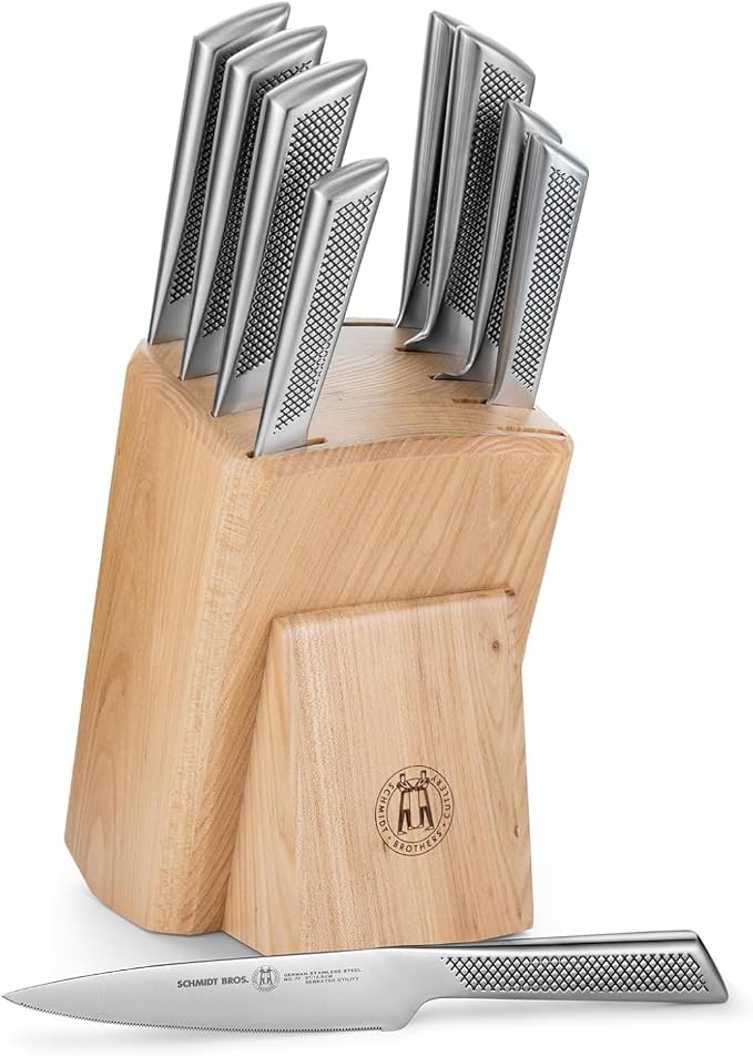 Schmidt Brothers - Gridiron Series - 10-Piece Knife Set, High-Carbon Stainless Steel Cutlery with White Ash Wood Knife Block